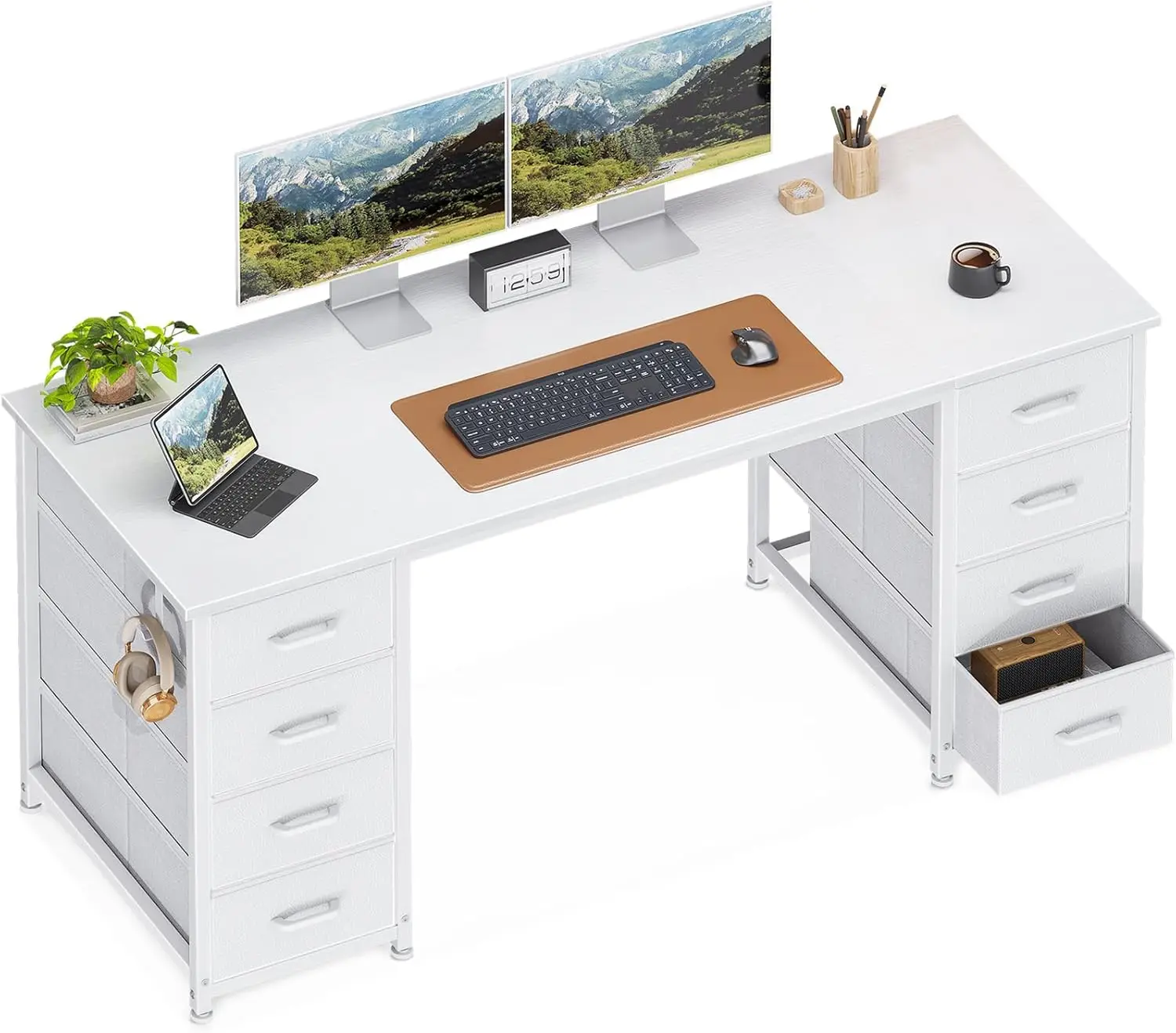 

55 Inch Computer Desk with 8 Fabric Drawers, Modern Office Desk with Large Storage for Home Office, Study, Gaming, White