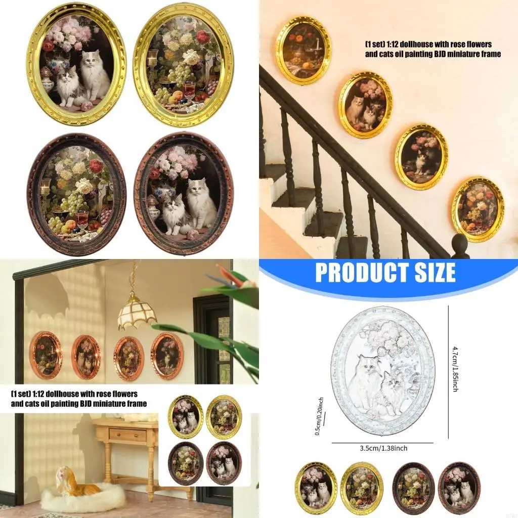 

97BE 4PCS Iron Miniature Picture Frame Cats And Flower Design Oil Painting Photo Frame