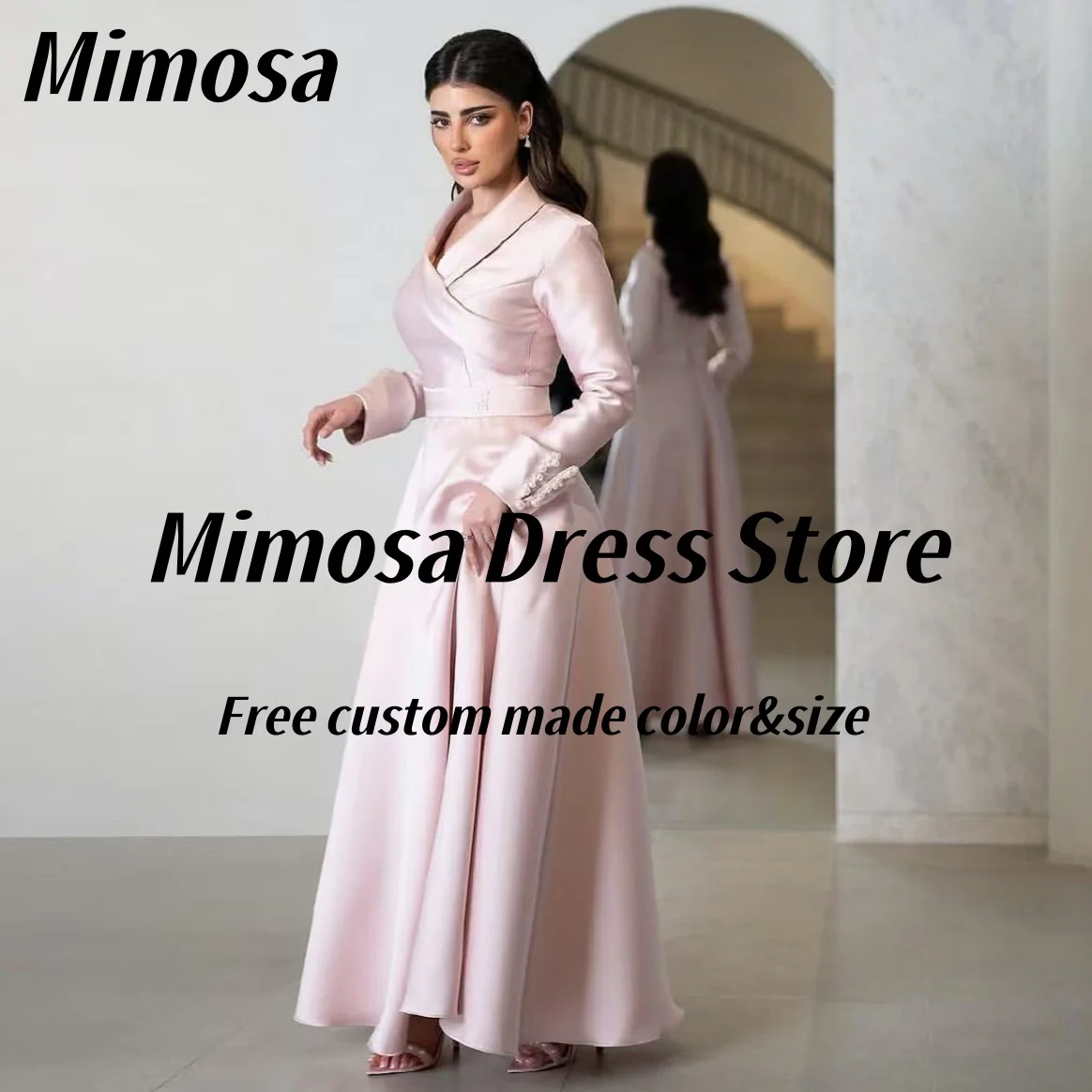 Mimosa Lapel V Neck Prom Dresses 2025 Beading Long Sleeves Evening Gowns Satin A Line Wedding Party Saudi Bride Dress Customized