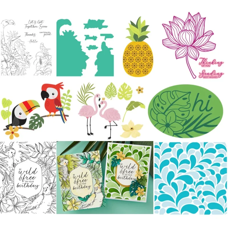 Parrot Blooms Leaves Grass Pineapple Swan Lotus Bird Metal Cutting Dies Stamp Stencil Hot Foil Embossing Greeting Card 2024 New