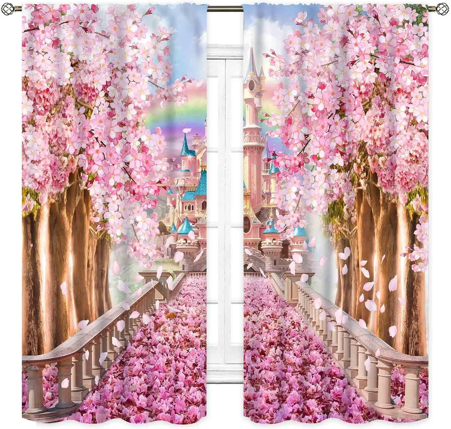 Princess Curtains, Magic Castle Pink Cherry Floral Blossom Fantasy World Fairy Tale Dream Rainbow Window Drapery Treatments