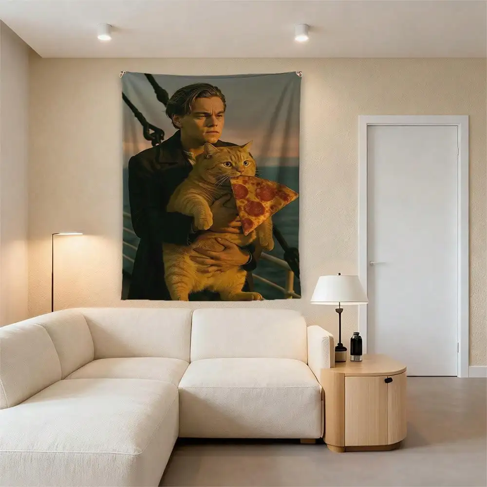 Funny Cat Meme Wall Tapestry - Pizza Holding Pet, Parody Movie Scene Art, Aesthetic Room Decor, Multiple Sizes