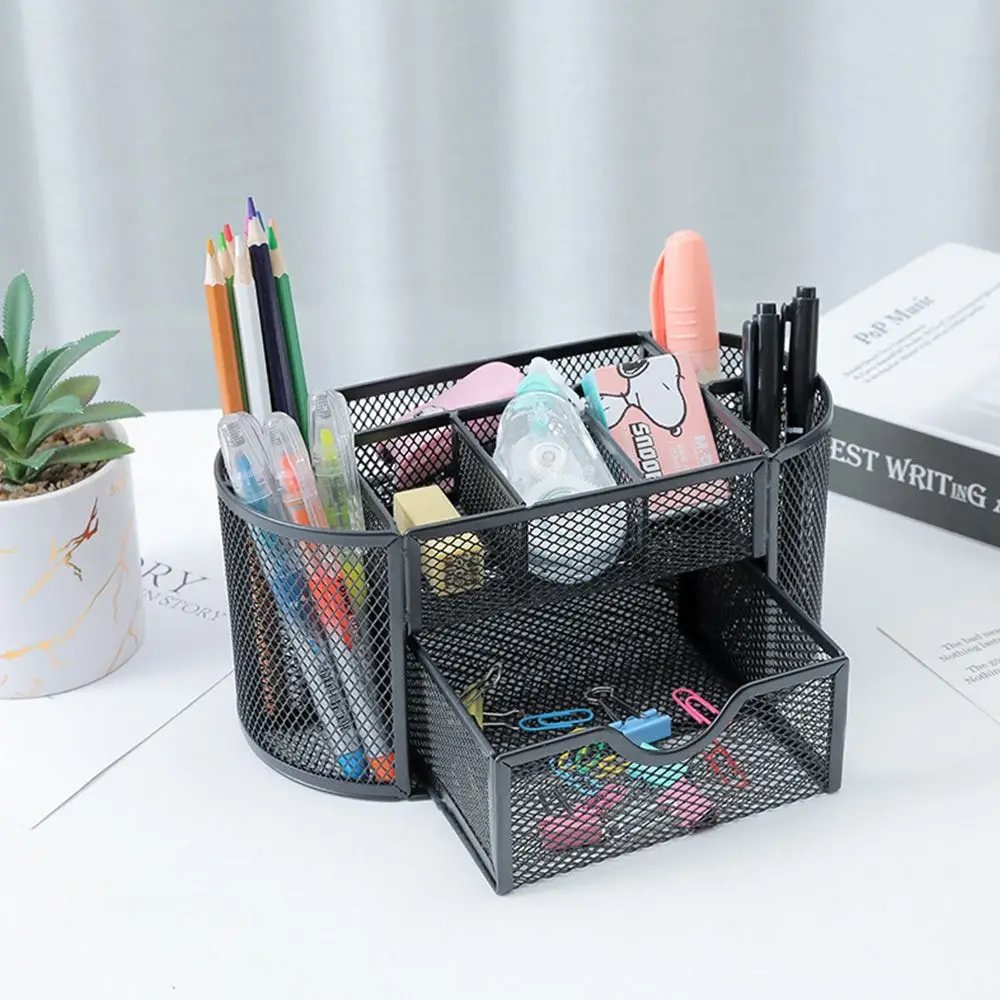 9-grid Storage Multi-Functional Desk Organizer Metal Mesh Pen Holder Stationery Container Box Office School Supplies