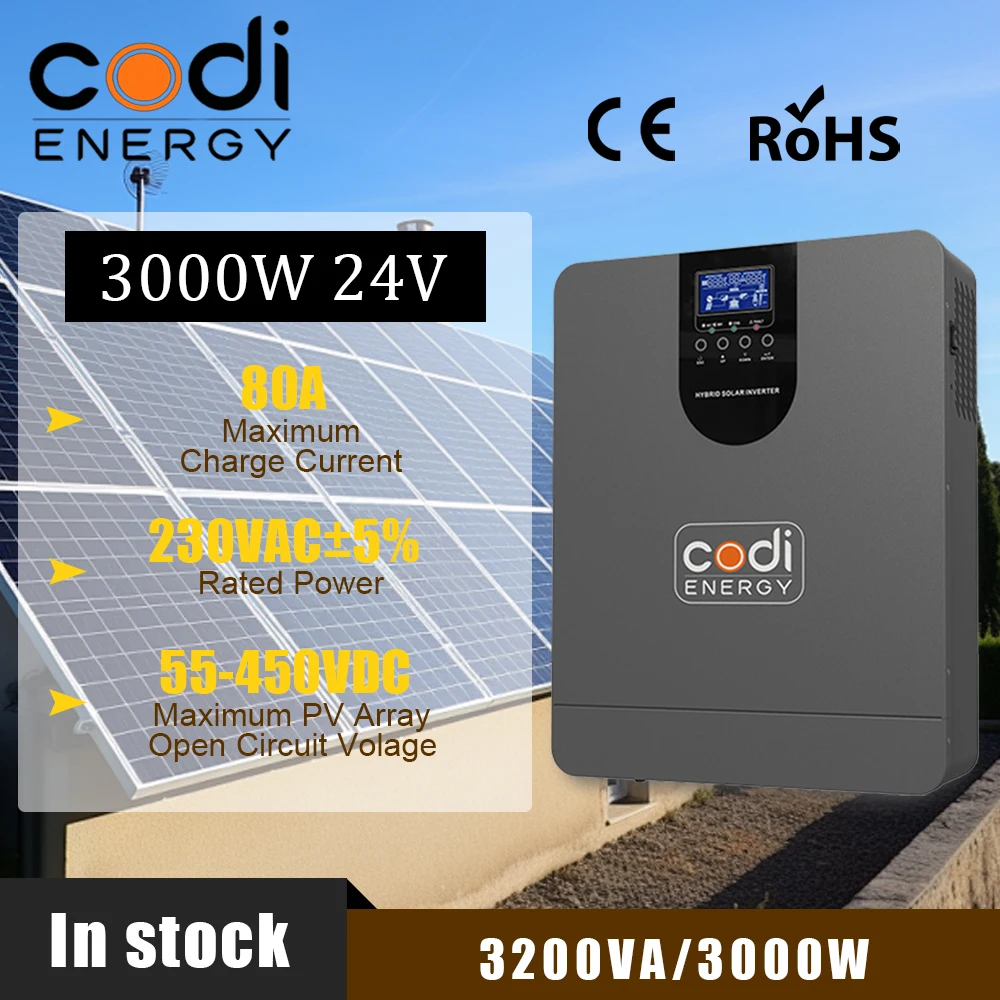 New Codi MPPT 3KW solar inverter 24V 220V pure sine wave off-grid 3200VA 3000W and 80A charging controller maximum PV 450VDC