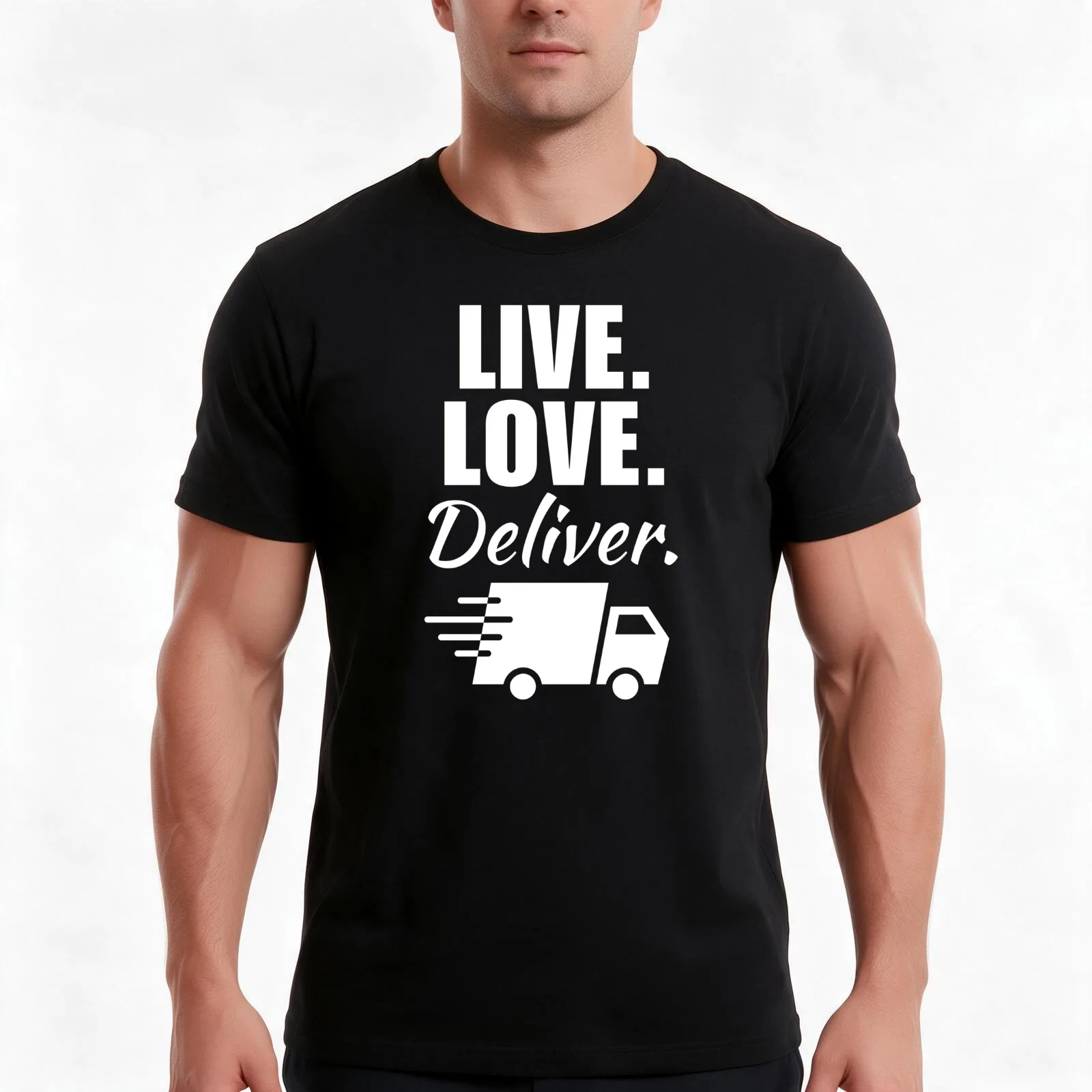 Live, love, deliver. Parcel or package deliverer, shipment service guy or driver T-Shirt, Summer Casual Cotton Tee, 100% Cotton