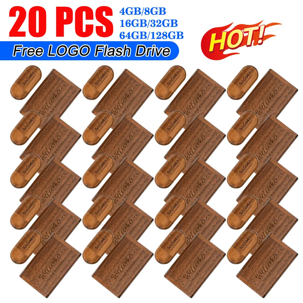 20pcs/Lot (Customizable LOGO) USB Flash Drive 2.0 Wooden Pendrive 4GB 8GB 16GB 32GB 64GB 128GB Memory Stick Wedding Gift