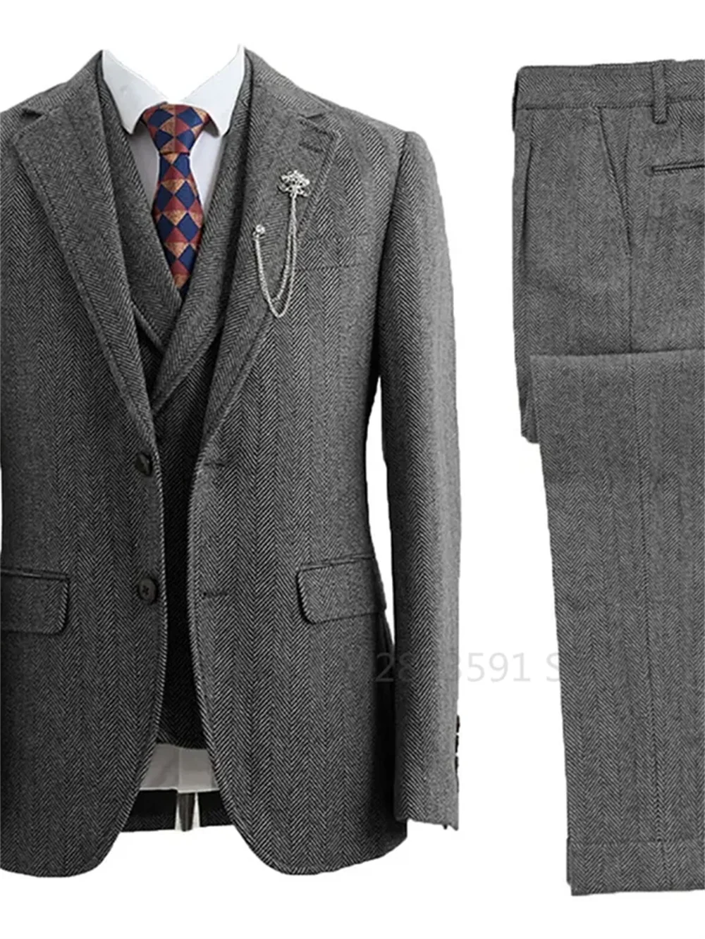 3 Piece Men  Suit Tweed Herringbone Double-Breasted Wedding Tuxedos Size Men Clothing Casual Style Men\'s Fashion Costume Homme