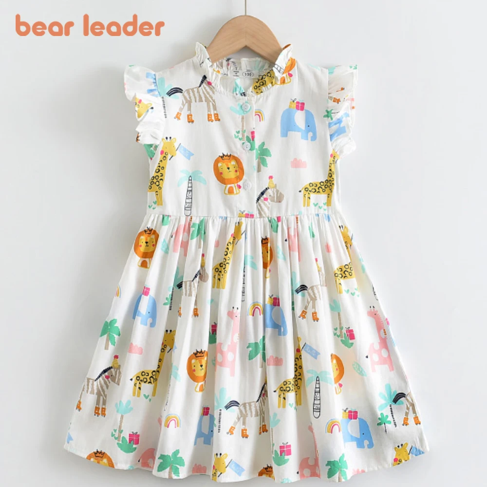 Bear Leader Cartoon Print Baby Girls Princess Dress New Fashion Summer Floral Dresses Toddler Kid Party Clothes Children Vestido