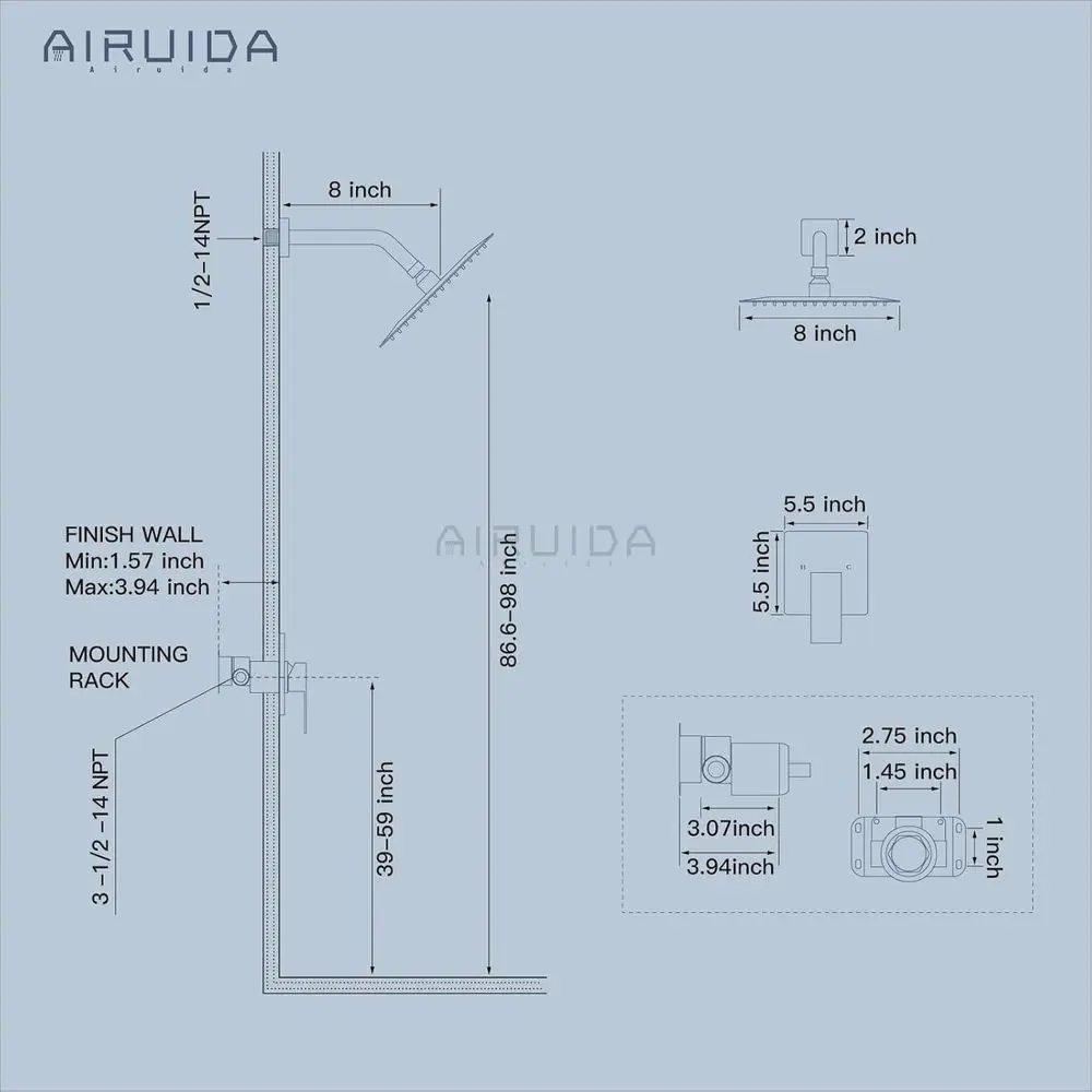 8 نظام دش أسود غير لامع مربع مع مقبض واحد وغطاء صمام خيط أنثى
