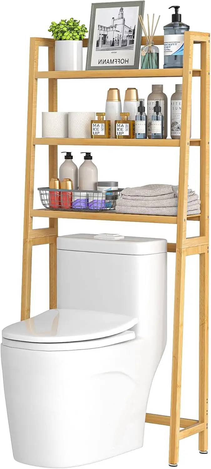 

Over The Toilet Storage, Bamboo 3-Tier Bathroom Organizer Cabinet with Hooks, Freestanding Space Saver