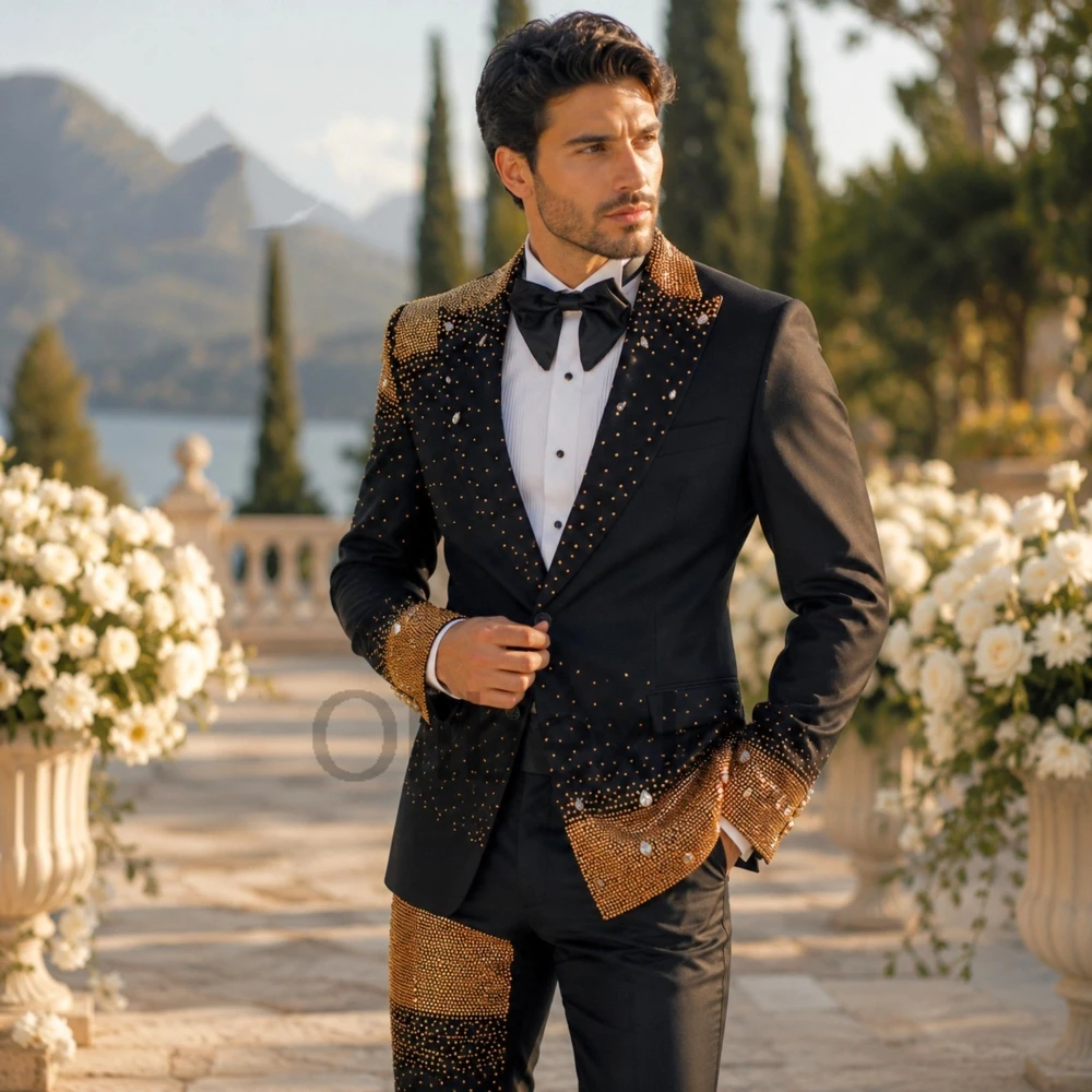 Olibexley Luxury Black 2 Pieces Sets Men's Suits Shiny Diamond Crystal Beaded Groom Wedding Blazers Ropa Hombre Customized S269