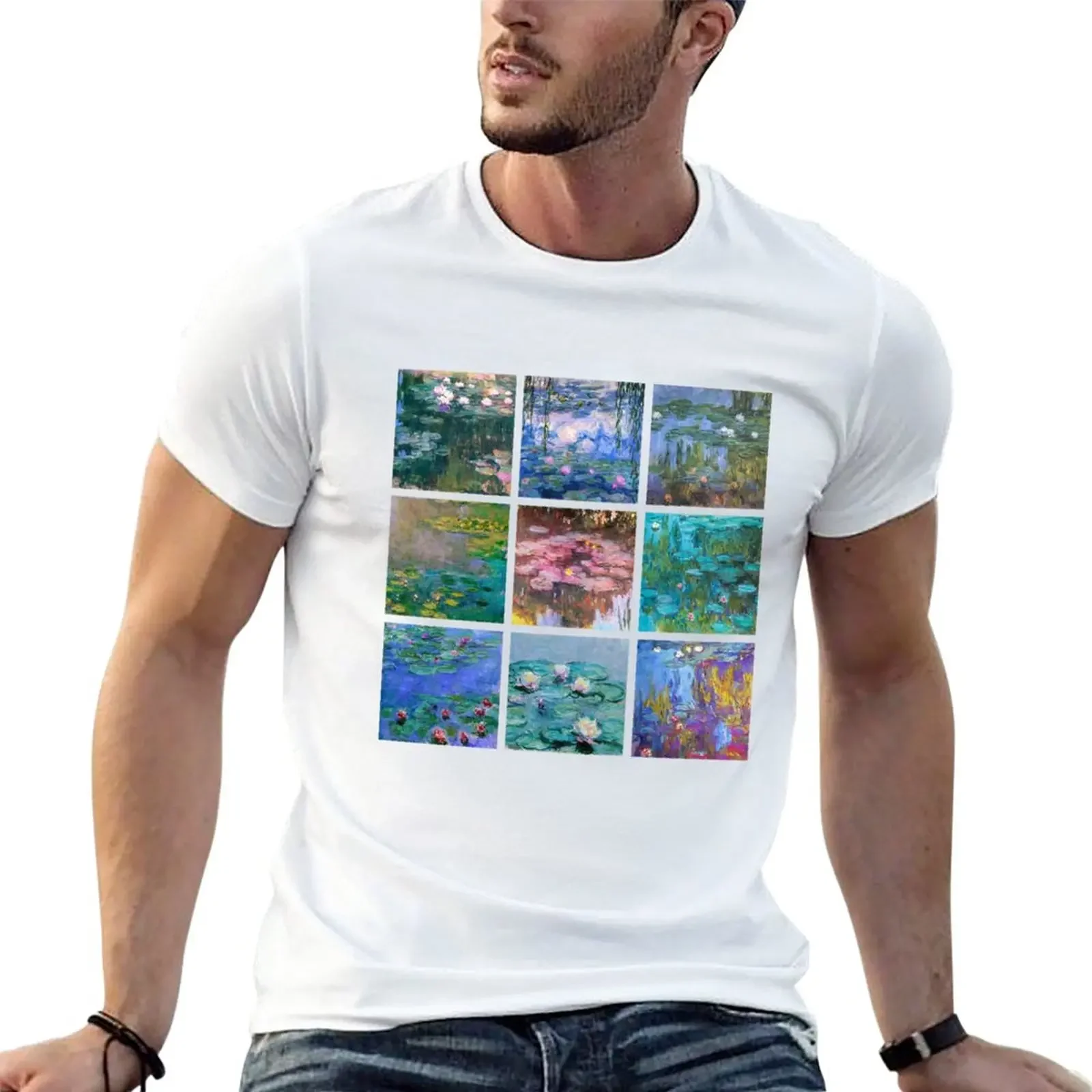 New Claude Monet Water Lilies Art Collage T-Shirt T-shirt for a boy cute clothes Blouse Men's cotton t-shirt