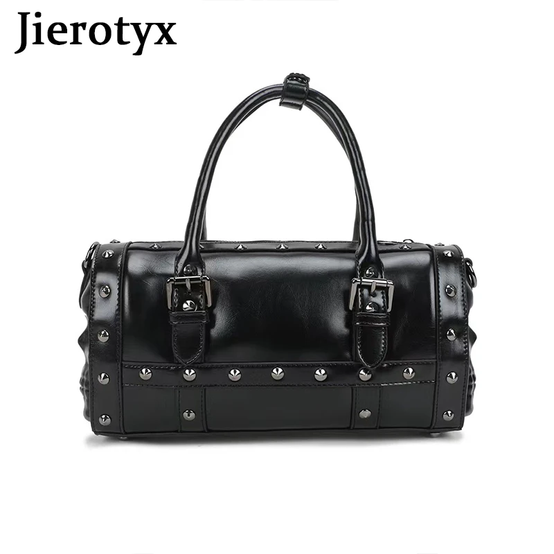 JIEROTYX Black Studded Double Skull Satchel Handbag Womens Shoulder Bags Personality Rivet Single Strap Travel Bag Gothic Style