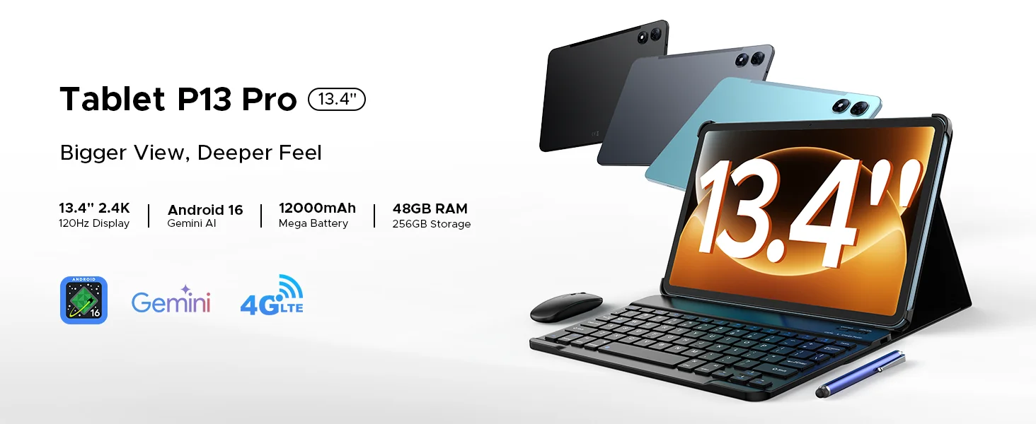 DOOGEE AORLYM P13 Pro Tablet 48GB+256GB Gemini AI 13.4" 2.4K 120Hz Display 12000mAh Large Battery UNISOC T7280 4G Dual SIM Widevine L1 Android 16 Smart Pad