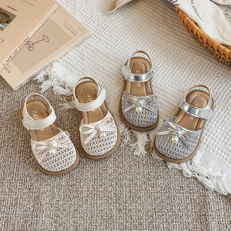 Girls Sandals Sweet Mesh Breathable Kids Casual Shoes Soft Bottom Cute Bows 2026 Summer New Children Princess Shoes Non-slip