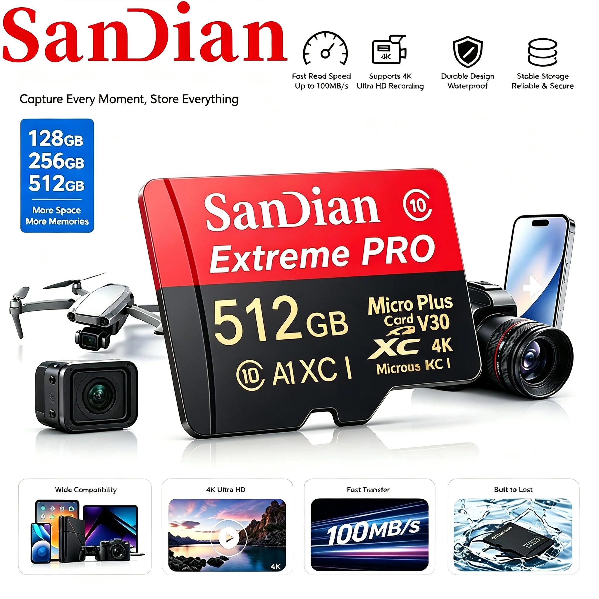 Secure Memory Card 256GB 64GB 32GB SD Cards TF Cards Micro TF SD Card Anti-Shock A1 for Phone/Tablet/Laptop/Recorder/Dashcam