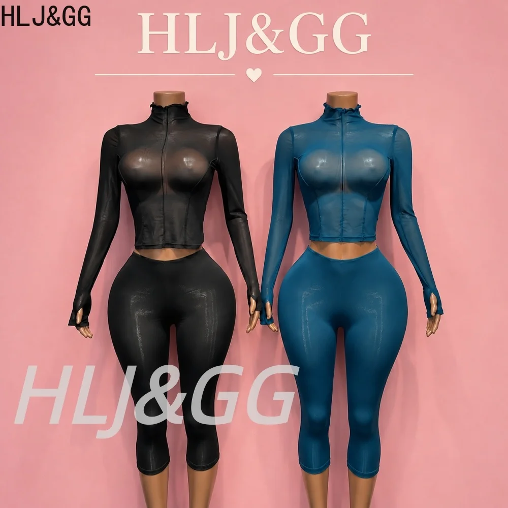 HLJ&GG Sexy Mesh See Though Two Piece Sets Women Round Neck Long Sleeve Crop Top And Skinny Capri Pants Outfits Fashion Street