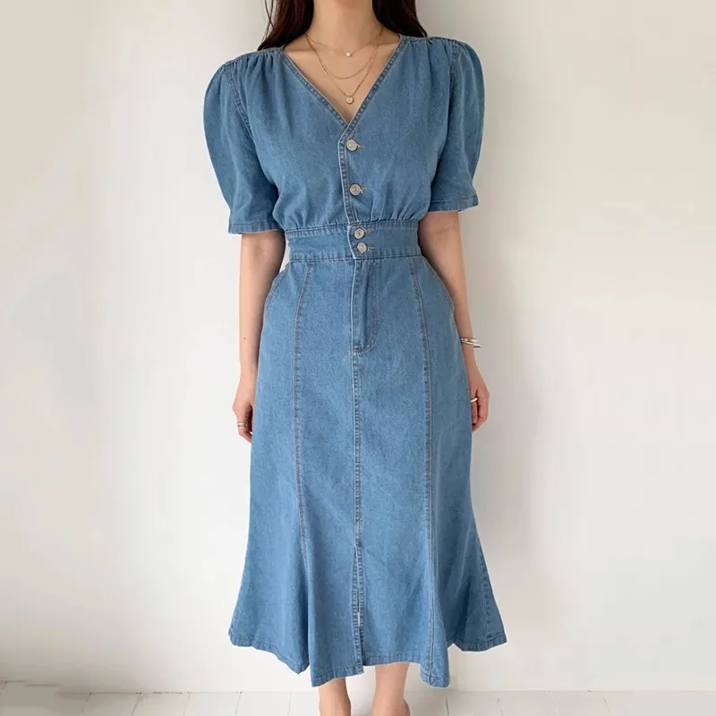 Women Summer Retro Midi Denim Dress Solid V Neck Button Sexy Split Slim Dress Korean Elegant Streetwear Ruched Dress