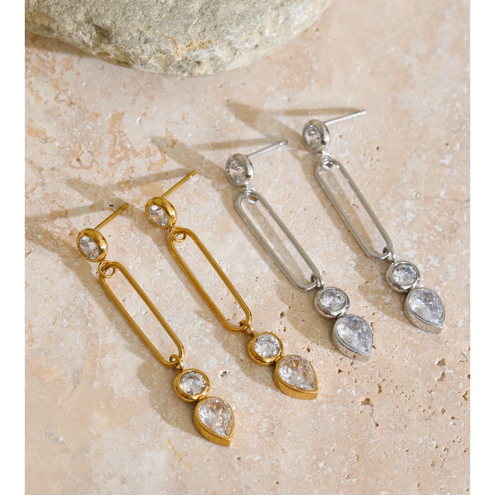 Yhpup Stainless Steel Zirconia Round Water Drop Dangle Earrings Stylish Unique Fresh Attractive Jewelry Rust Proof