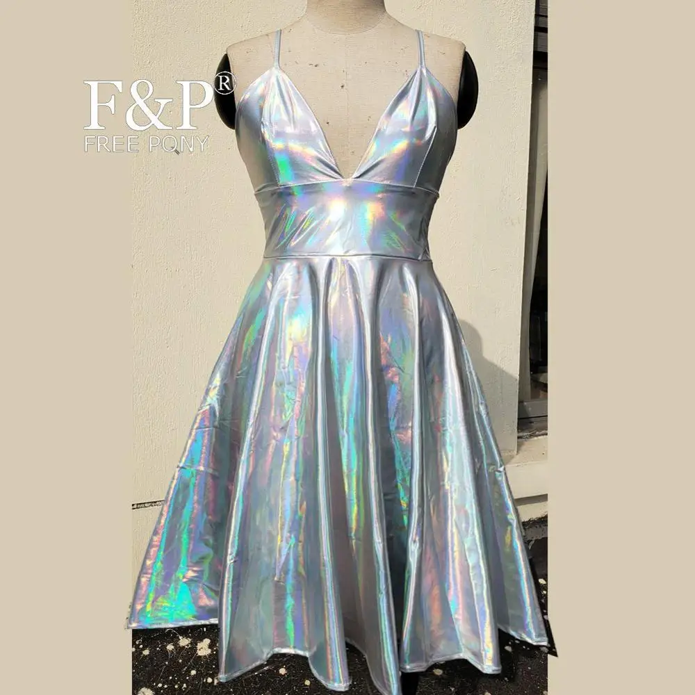 Black Rainbow Holographic Skater Dress Women Rave Dress Clothes Outfits University Graduation Homecoming Cocktail Dress