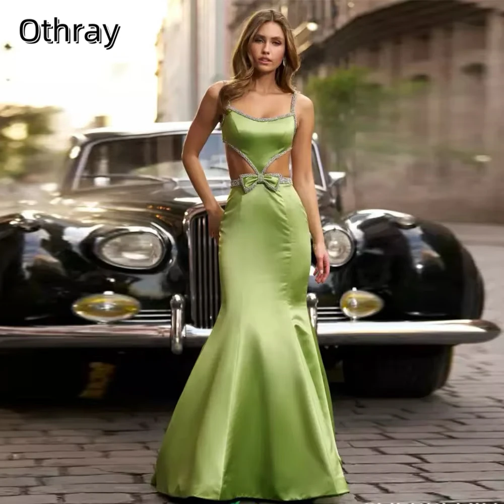 Othray Exquisite Evening Dress Satin Rhinestone Beading Bow Formal Evening Mermaid Spaghetti Strap Long Beaded Evening