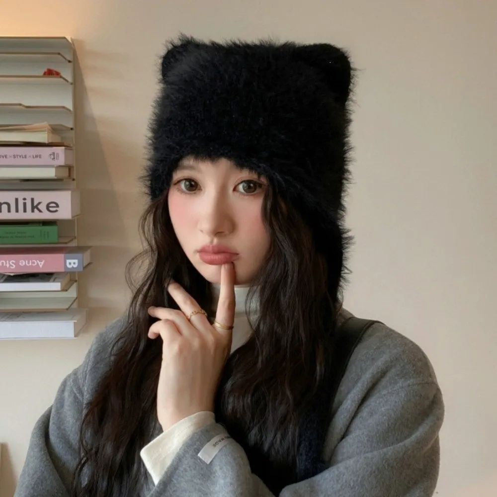 Polyester Trapper Hat Fuzzy Texture Warm Lining Winter Knitted Hat Chin Strap Ear Protection Warm Ear Flap Hat Outdoor Activity
