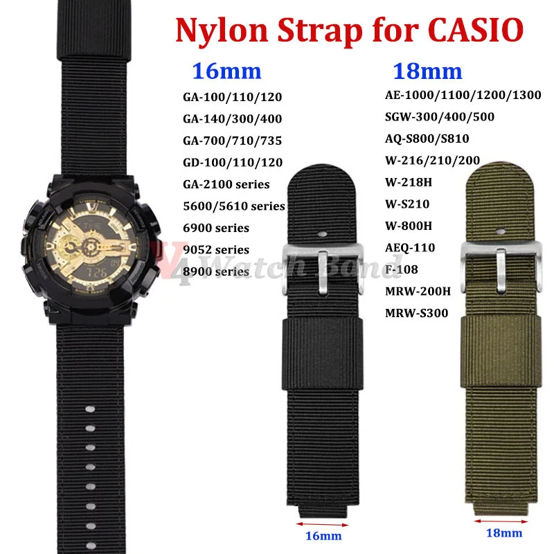 16mm 18mm Nylon Canvas Watch Band for Casio DW5600 DW5610 F-108 AQ-S800 GA100 GA2100 DW6900 MRW-S300 AE-1000 GA-700 W-218H Strap