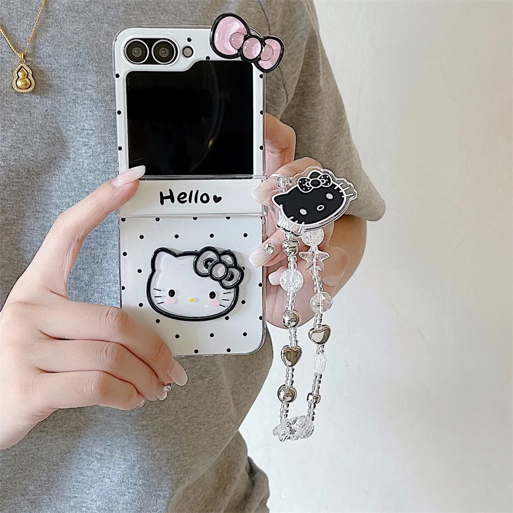 

Korean cute polka dot cartoon Hello Kitty phone case for Samsung Galaxy Z Flip5 Flip6 4 3 flip6 5 cover with hinged Kawaii cover