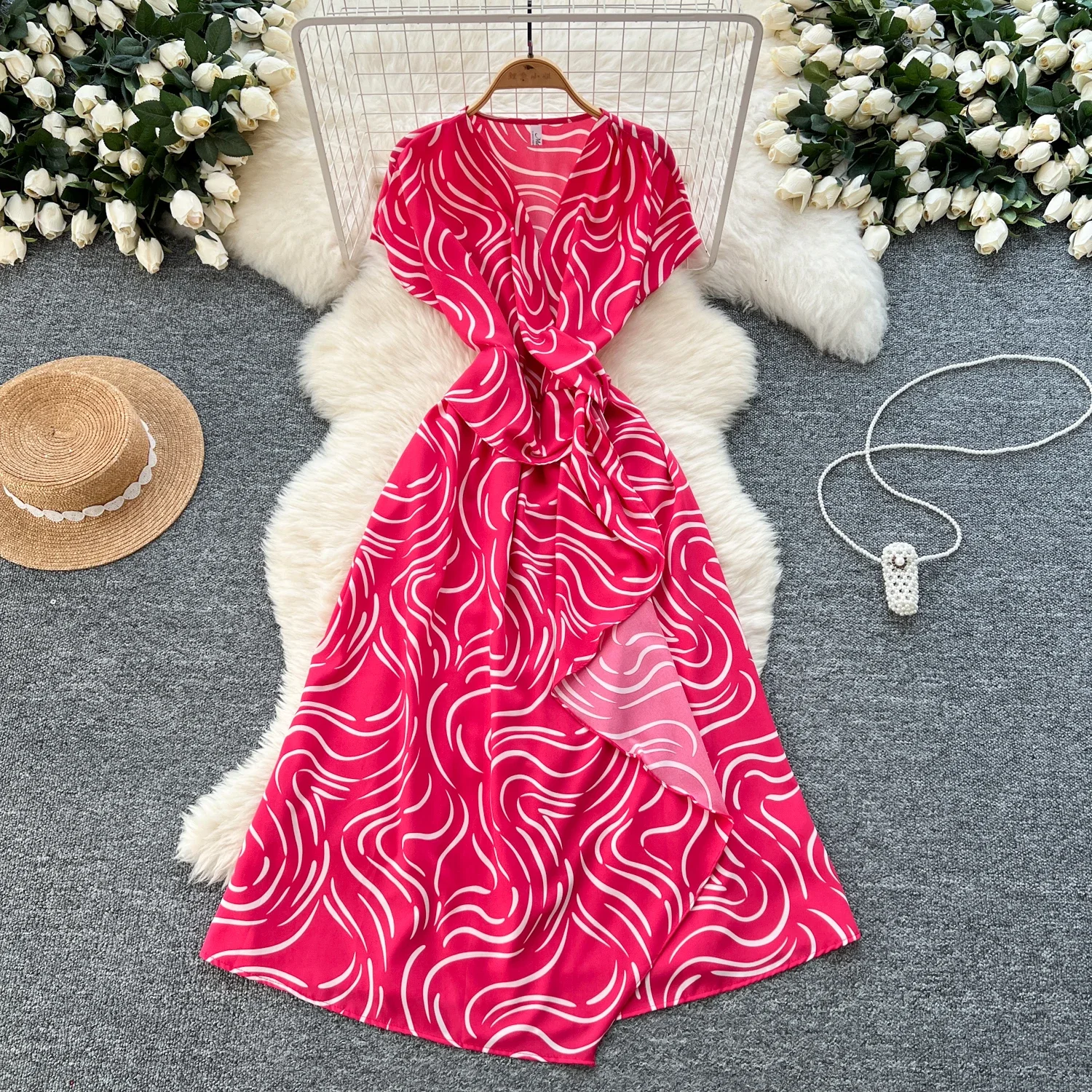 

Новое повседневное женское платье с коротким рукавом для офиса, леди, весна-лето, модные повседневные свободные платья с принтом на шнуровке для женщин, женский халат