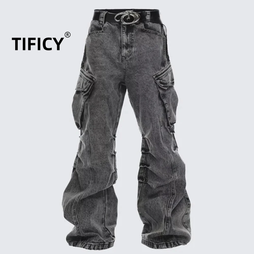 High Street Jeans Pants Men's Retro Washed Distressed Pocket Workwear Stacking Sense Wide Leg Straight Leg Denim Pant