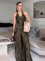 Elegant Sequin Halter Top Trouser Suits Women Sleeveless Vest Lace Up Wide Leg Pants 2026 Vacation Brown 2 Pieces Set Lady New