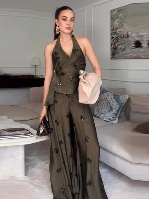 Elegant Sequin Halter Top Trouser Suits Women Sleeveless Vest Lace Up Wide Leg Pants 2026 Vacation Brown 2 Pieces Set Lady New