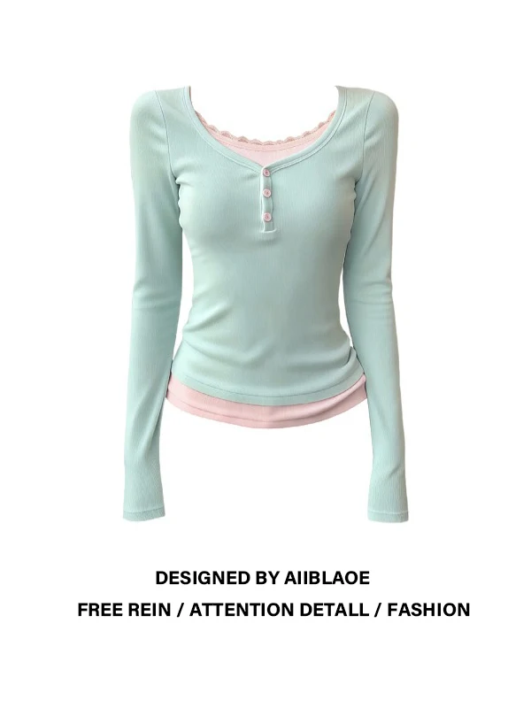 

plus Size Women's Korean Sle Sweet And Spicy Long Sve T-irt with Lace Collar Spring Design Ele Top Beau