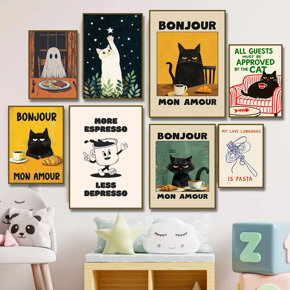 1pc framless Canvas Painting Bonjour Mon Amour Black Cat More Spaghetti, Less Upsetti Poster Food Kitchen Canvas Painting Pri