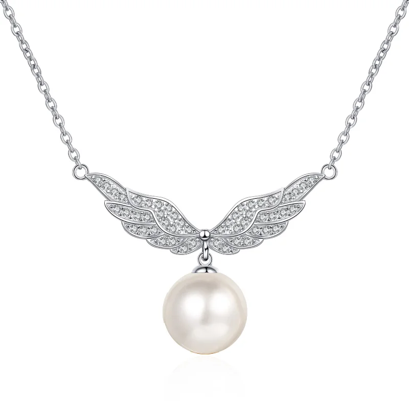 S925 Sterling Silver Collarbone Chain 11mm Flawless Pearl Angel Wings 0.75ct Moissanite Necklace for Women