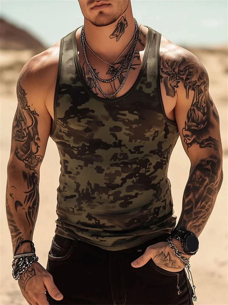 2026 Summer Casual Men's Shirt 3D Camouflage Printed Men's Tank Top Outdoor Running And Sports Men's Loose Sleeveless T-shirt