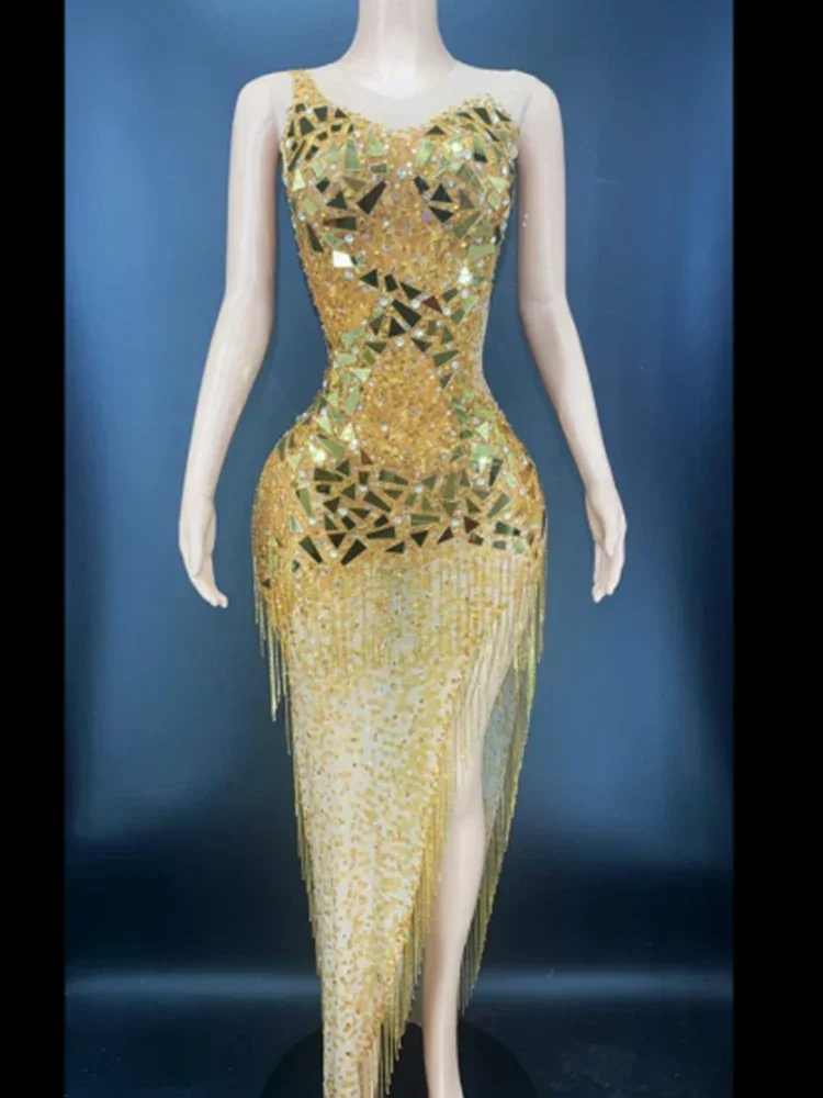 

Women Gold Shining Rhinestones Mirror Sequins Tassel Sleeveless Evening Party Dress Ballroom Jazz Latin Dance Stage Costumes