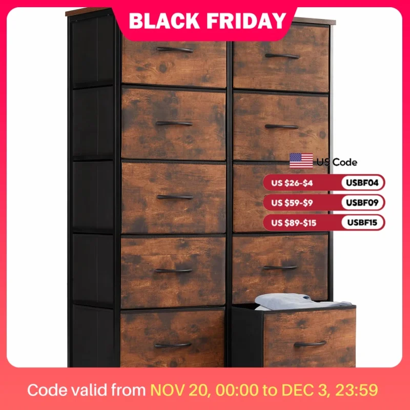 JHK Bedside Table For Bedroom With 10 Fabric Drawers Wardrobe Steel Frame Closet For Storage Cabinet Living Room Of Furniture