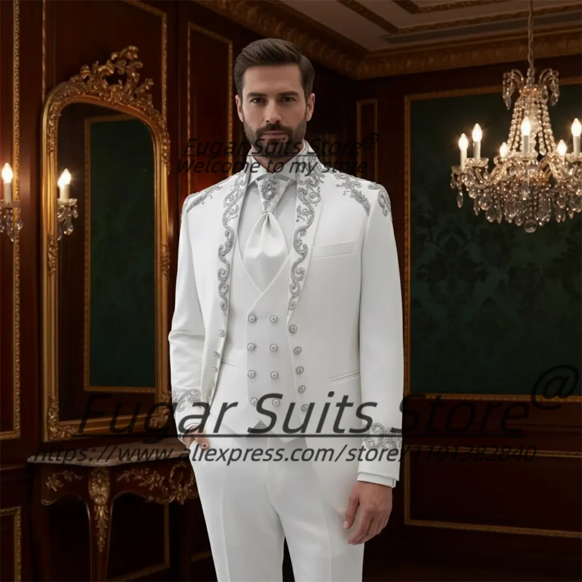 

White Elegant Men Suits Customized Slim Fit Stand Collar Groom Wedding Male Party Blazers 3 Pieces Sets Formal Costume Homme