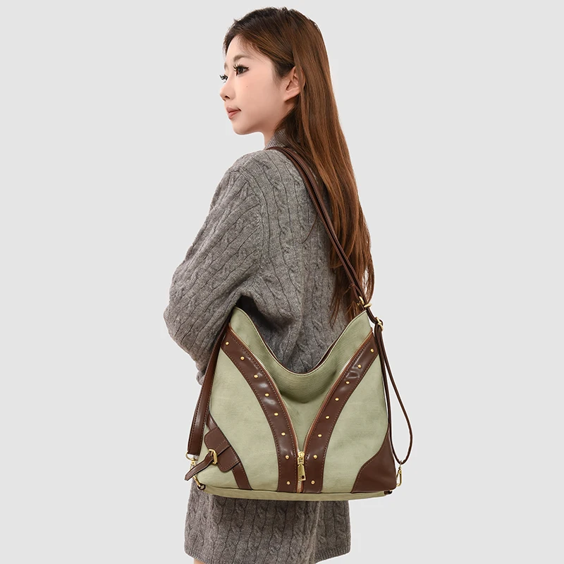 

Женская джинсовая сумка-хобо трансформер, рюкзак через плечо с заклепками, вместительная винтажная сумка на плечо для повседневного использования