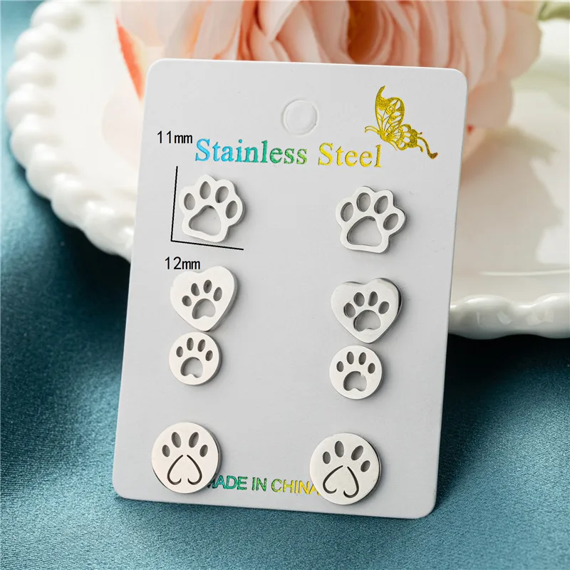 4Pairs/Lot Lovely Stainless Steel Dog Paw Stud Earrings for Women Everyday Jewelry Fashion Animal Cat Footprint Earing Accessory