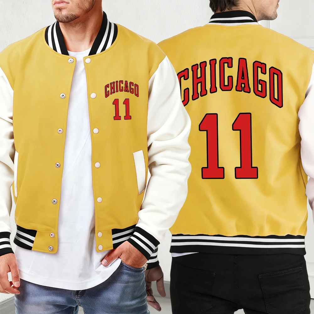 

Chicago Red Letter 11 Print Autumn Sport Jackets Men'S Pocket Comfy Menswear Loose Classic Coat Street Fashion Baseball Jersey
