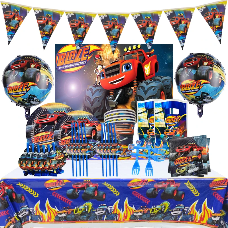 

10People Blaze Car Birthday Party Decorations Blaze Balloons Set Free Customizable Background Disposable Tableware Baby Shower