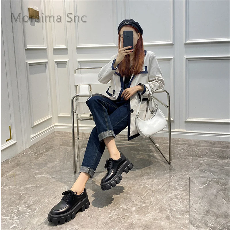 Thick Sole Lace-Up Bag Boots for Women Ankle Boots Genuine Leather Round Toe Ladies Shoes Chunky Platform Autumn Winter Boots