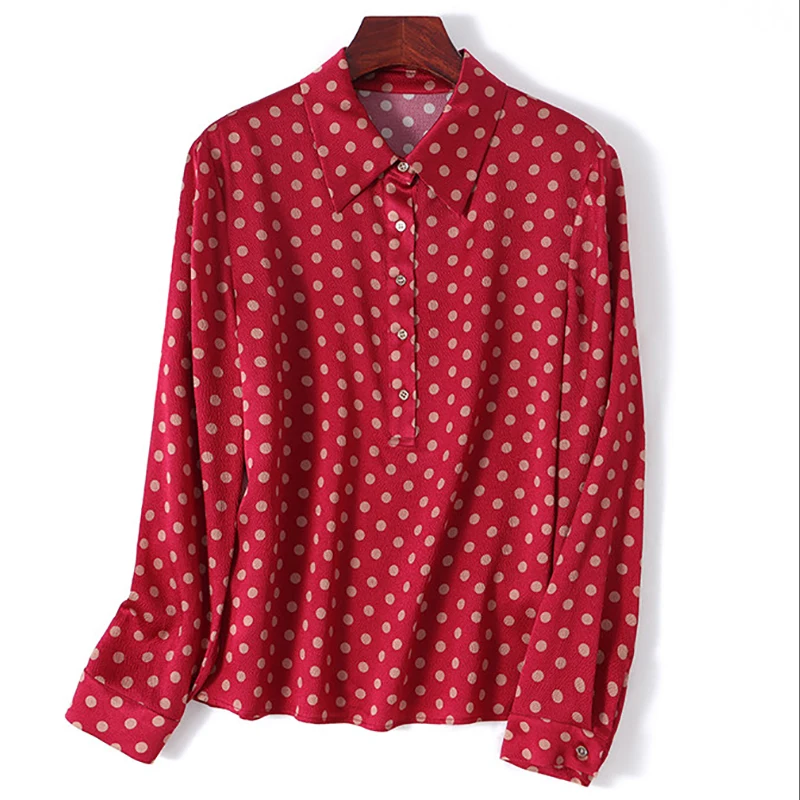 

New 2026 Spring Autumn Shirts and Blouses for Women Real Silk Dot Print Women's Shirt Long Sleeve Office Lady Blouse Tops