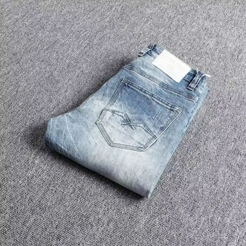 Fashion Designer Men Jeans High Quality Retro Light Blue Stretch Slim Fit Ripped Jeans Men Vintage Trousers Denim Pants Hombre