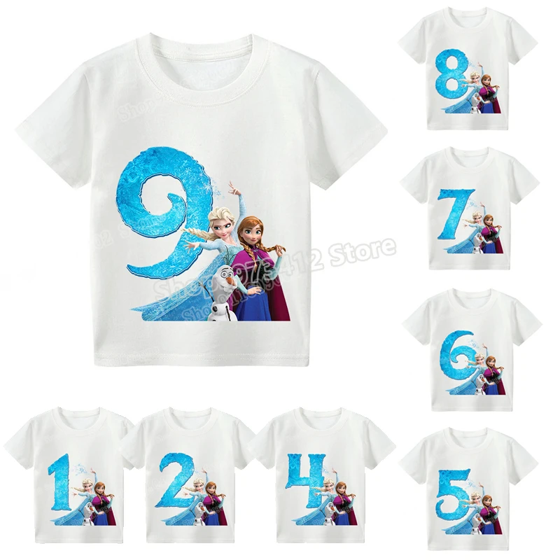 Frozen Anna Elsa T-shirt Child Digital Number Kawaii Tops Aesthetic Graphic Tees Girls Clothes Kids Graphic Tee Birthday Gift