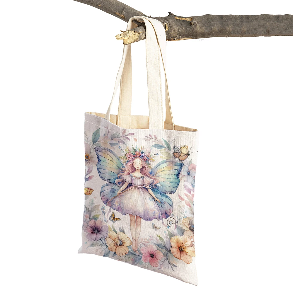 Double Print Linen Lady Handbag Fairy Angel Women Shopper Bag Fairy Tale World Shopping Bags Casual Cute Cartoon Girl Tote