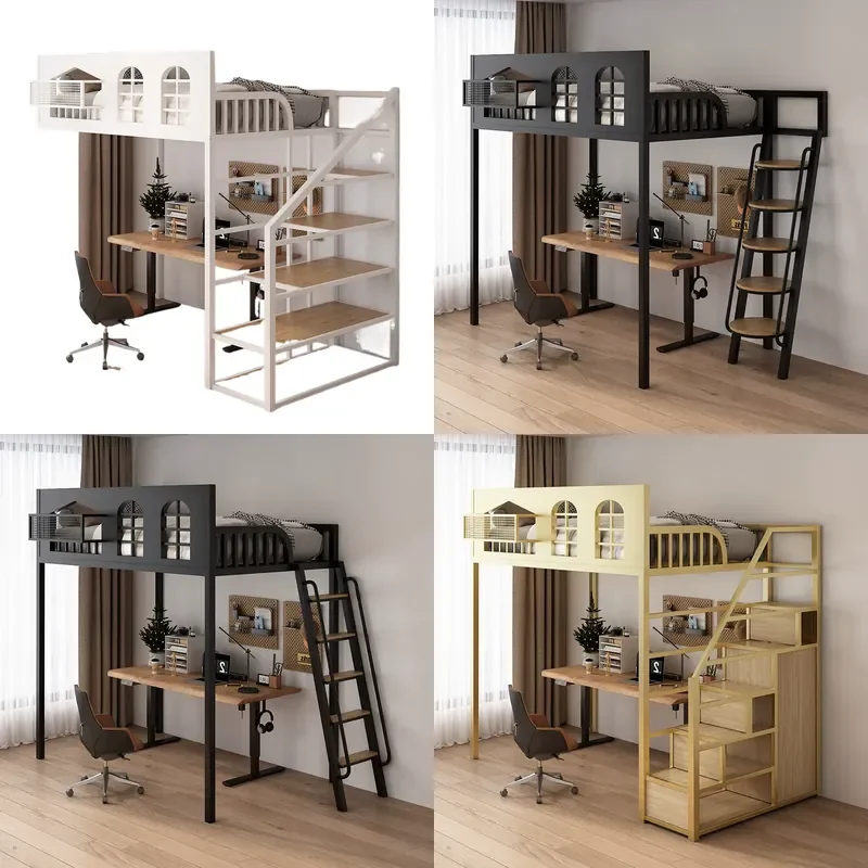 for Wrought Iron Single Loft Bed for Kids Space Saving Elevated Bunk with Desk Underneath for Small Apartment Second Floor