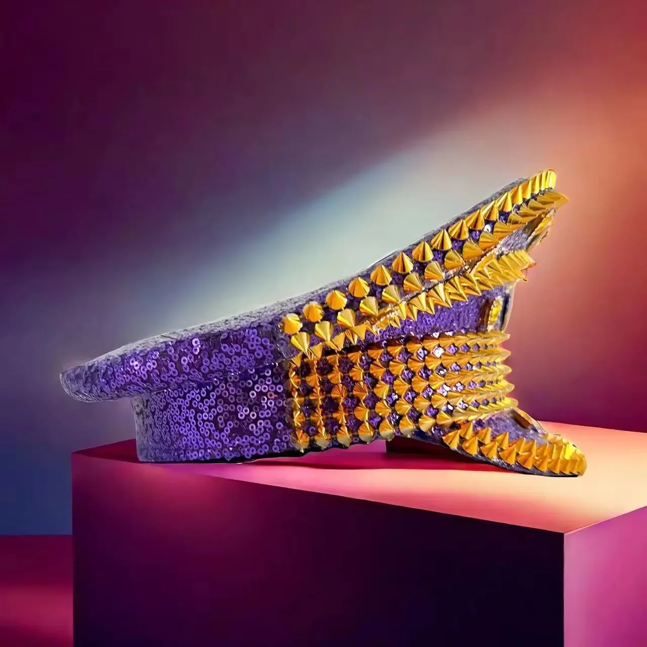 HongLuan Yellow Laser Leather Loop Captain Hat Rhinestone & Military Caps for Woman, Rave Festivals Accessories ＆ Party Cap Man